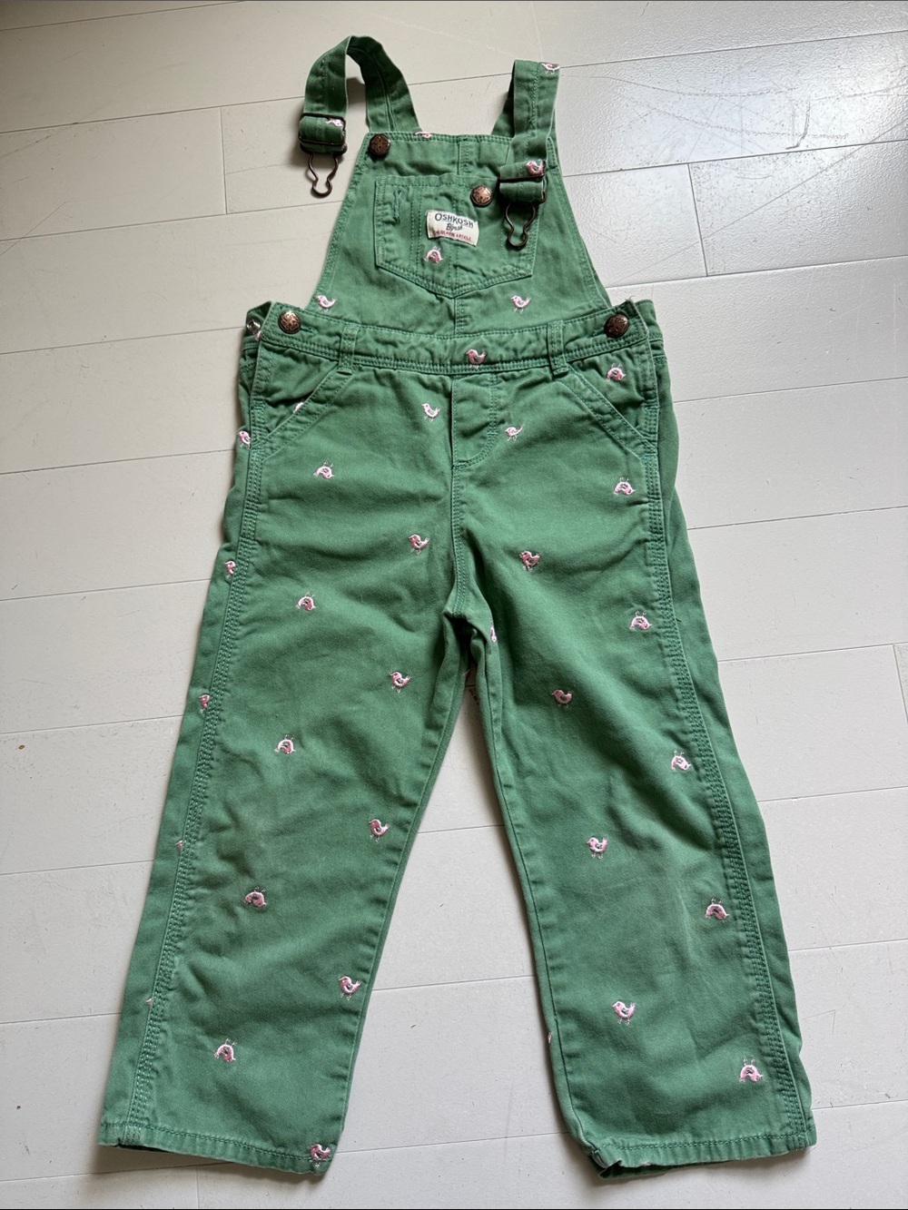 OshKosh B'gosh Green Overalls with Pink Embroidery